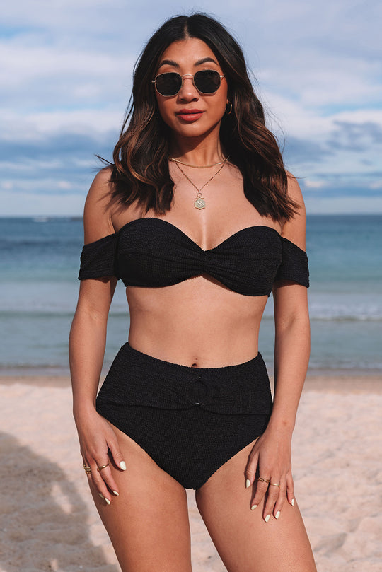 Costum de baie in 2 piese model bandeau din material cu striatii si slip cu talie inalta SW2437-1