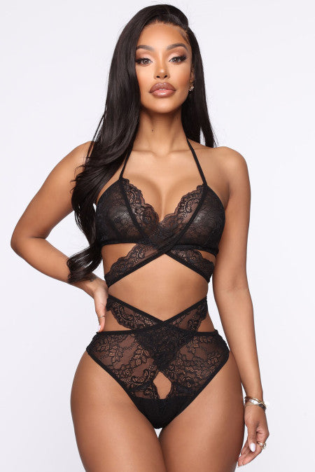 Set 2 piese lenjerie sexi din dantela cu prinderi prin legare T457-1