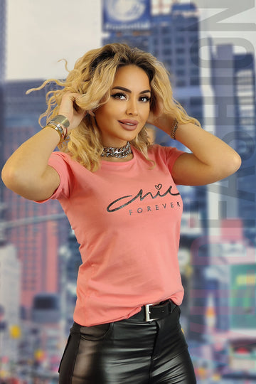 Tricou casual cu imprimeu text chic forever U830-5