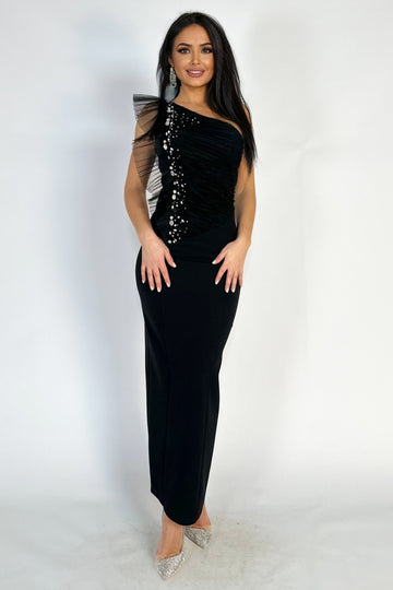 Rochie lunga eleganta, pe un umar, accesorizata cu pietre strasuri si paiete V595-1