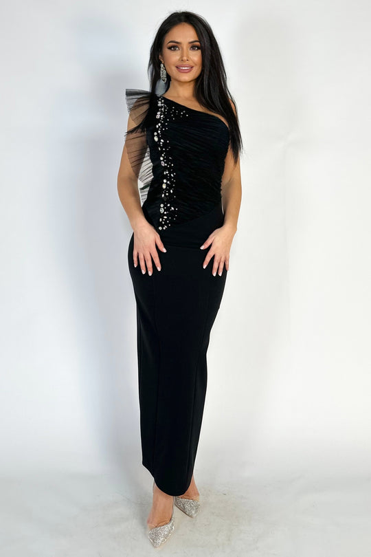 Rochie lunga eleganta, pe un umar, accesorizata cu pietre strasuri si paiete V595-1