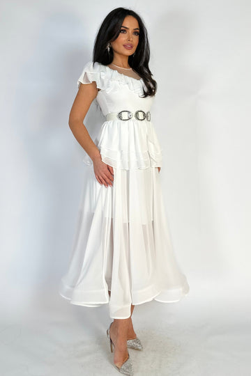 Rochie lunga eleganta fara maneci accesorizata cu volanase si peplum V599-2