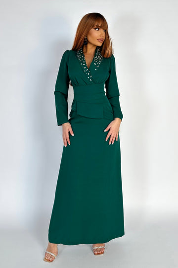 Rochie lunga eleganta, de ocazie accesorizata cu strasuri si pietricele V635-12