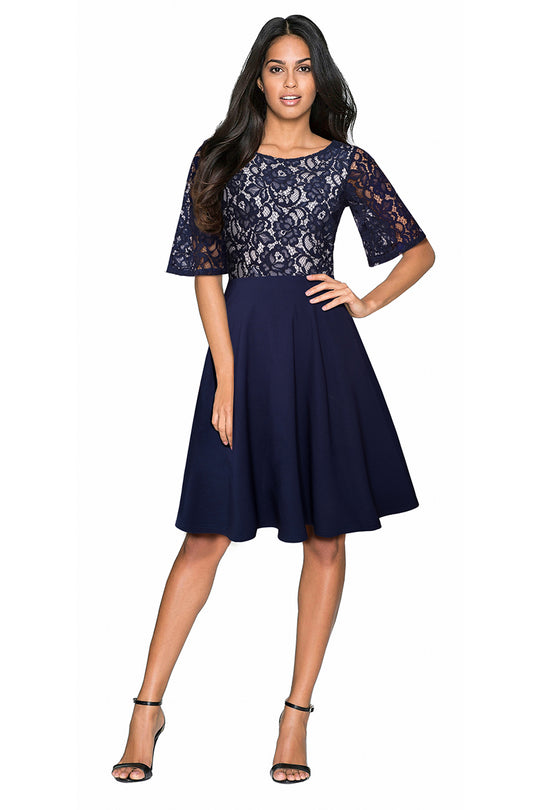 Rochie eleganta stil retro cu pliuri si maneci dantelate V844-44