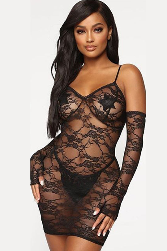 Set 3 piese lenjerie sexy din dantela cu manusi Y576-1