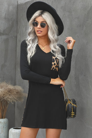 Rochie casual din material elastic cu imprimeu leopard la spate si pe buzunar Y592-1