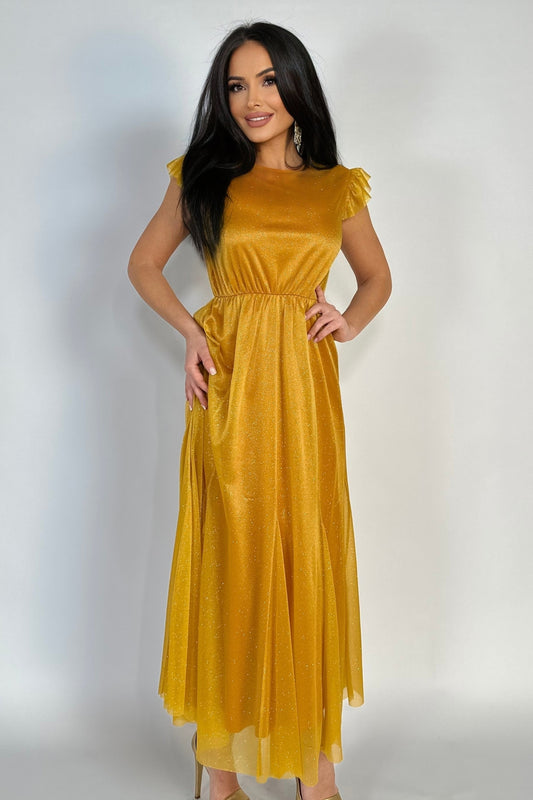 Rochie lunga eleganta fara maneci accesorizata cu sclipici Y653-991