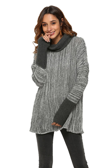 Pulover lung tricotat in doua nuante cu guler lejer Y737-181