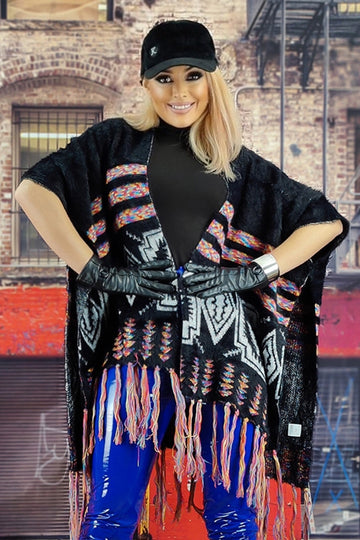 Cardigan tip poncho accesorizat cu franjuri B375-151