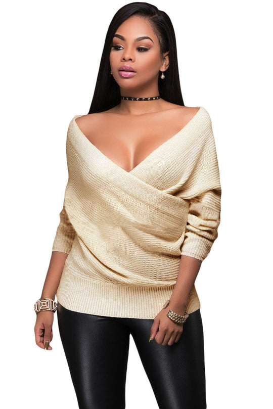 Bluza lunga tricotata cu decolteu adanc si aspect petrecut in fata BL865-813