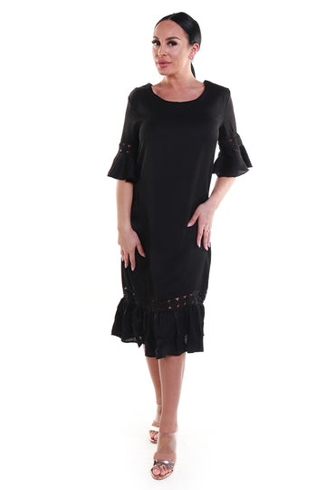 Rochie neagra midi cu maneci trei sferturi si volanase V678-1