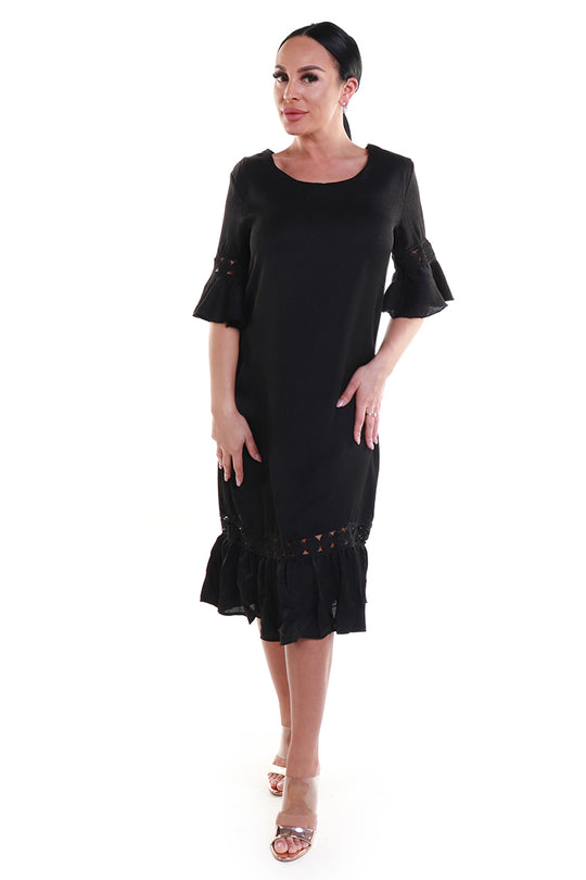 Rochie neagra midi cu maneci trei sferturi si volanase V678-1