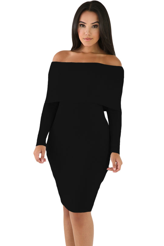 Rochie midi cu aspect raiat maneci lungi si umerii goi V509-1