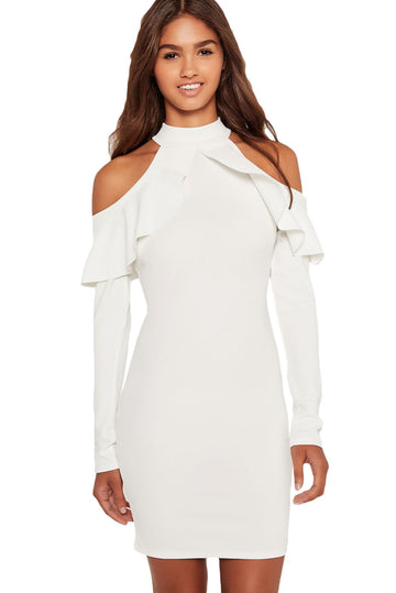 Rochie cu maneci lungi guler inalt si umerii goi accesorizati cu volanas W554-2