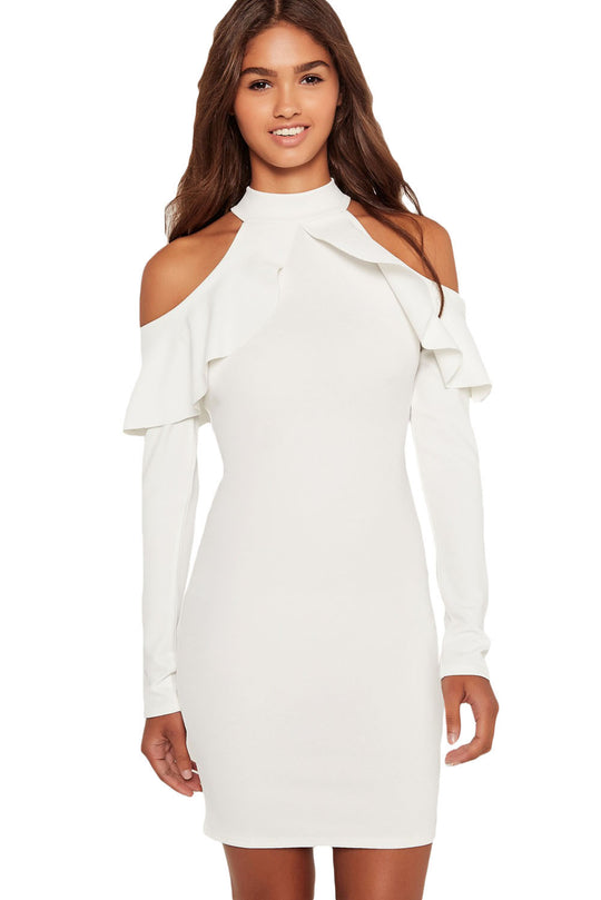 Rochie cu maneci lungi guler inalt si umerii goi accesorizati cu volanas W554-2